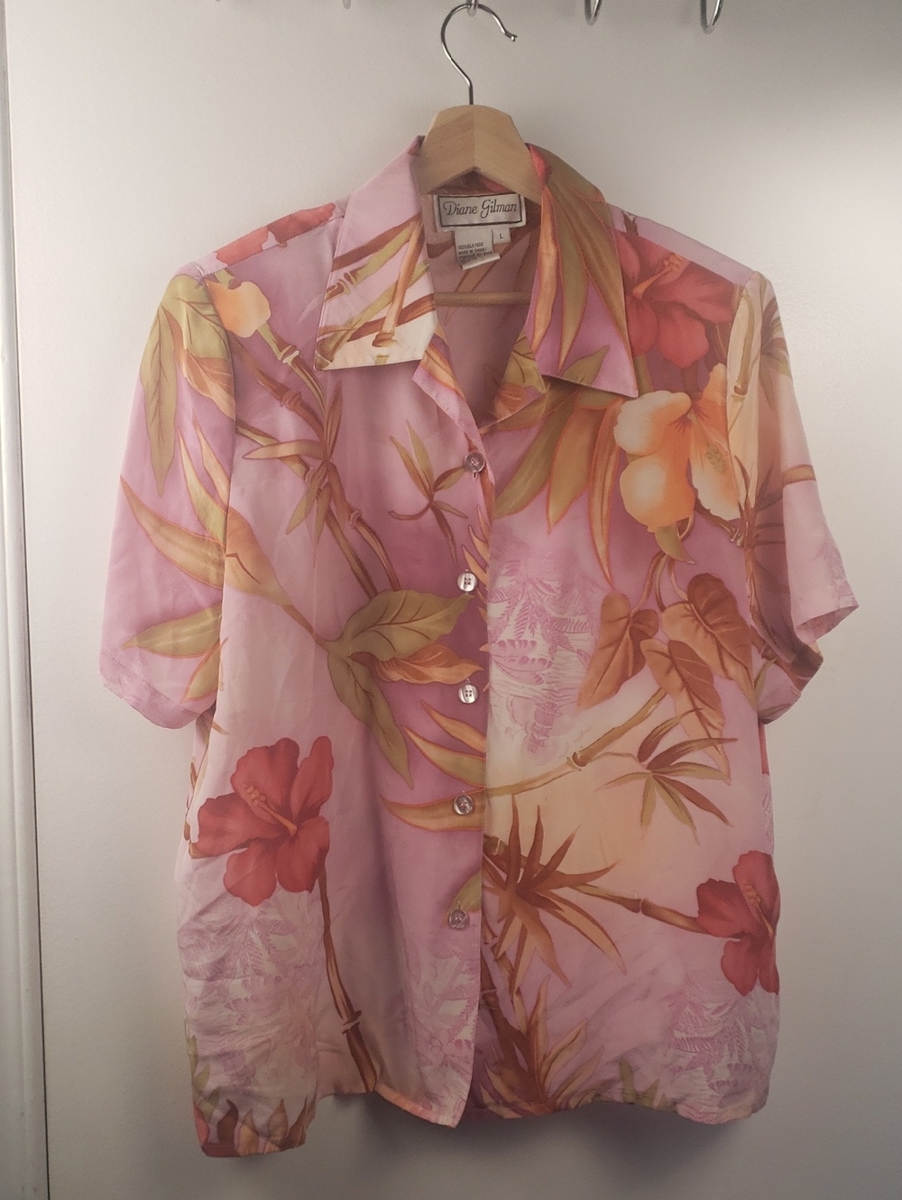Diane Gilman Pink Floral Tropical Button-Up Blouse Silk Blouse Size L